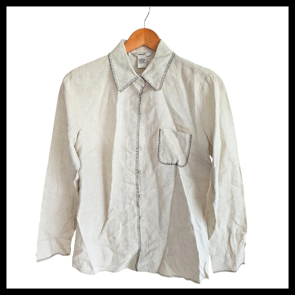Edward Linen Button Down Shirt Long Sleeve Top with Stitching Detail Size S